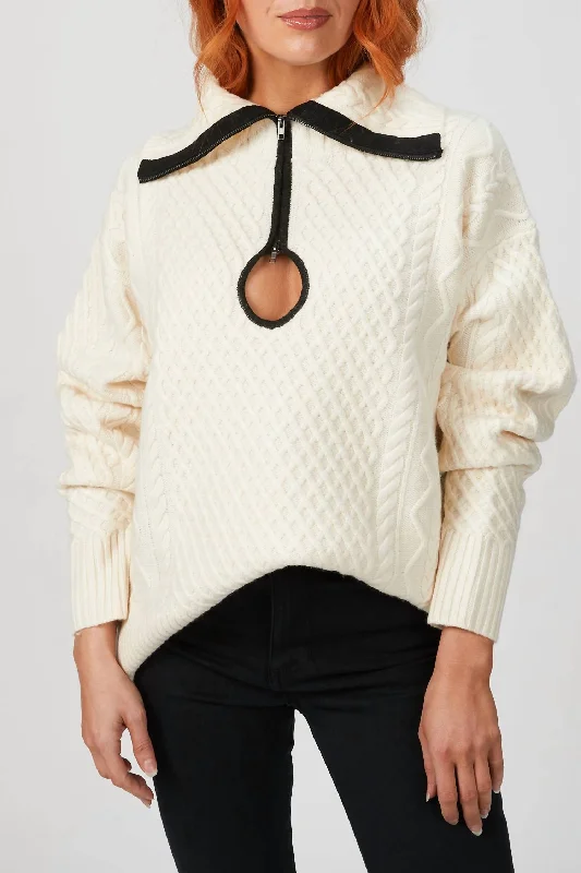 Special Offer Cable Knit Key Hole Sweater In Ivory