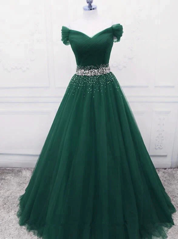 Great Deals On Ethnic Cultural Wear Gorgeous Dark Green Tulle Off Shoulder Long Party Dress, Prom Gown