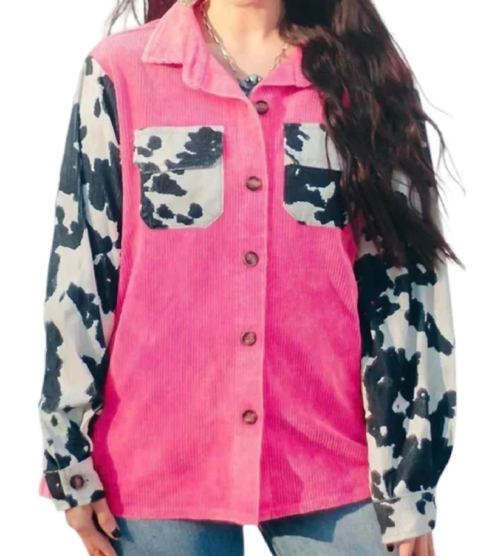 Chic Trends Unveiled Cow Print Shacket In Hot Pink