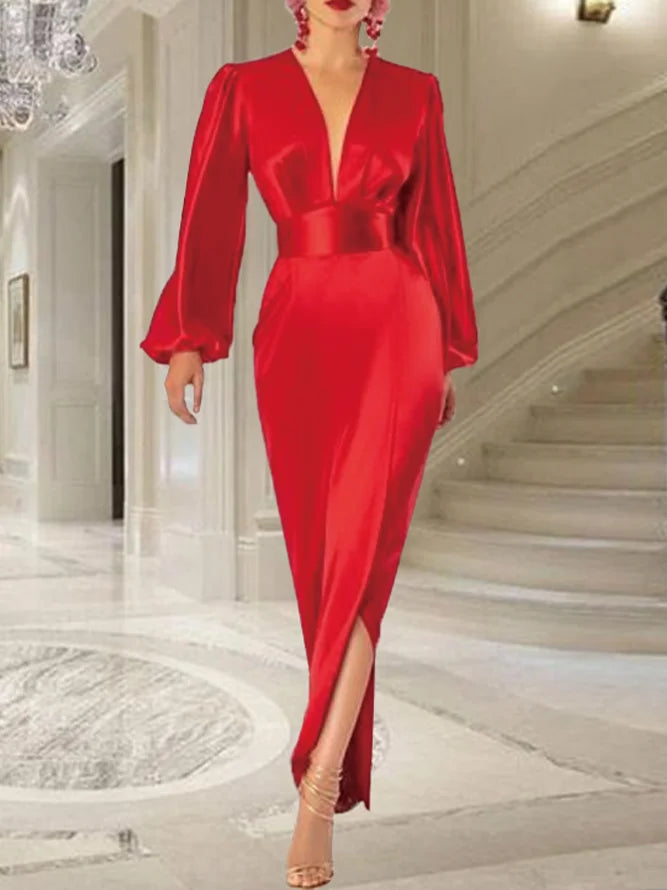 Cool Prices Christmas Party Dress Red Deep V Neck Long Sleeves Satin Waist Atmosphere Dress