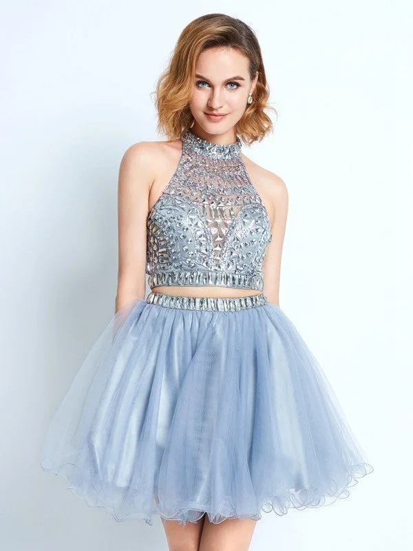 Score Big On Glamorous Red - Carpet Styles A-Line/Princess High Neck Sleeveless Beading Short/Mini Net Two Piece Dresses