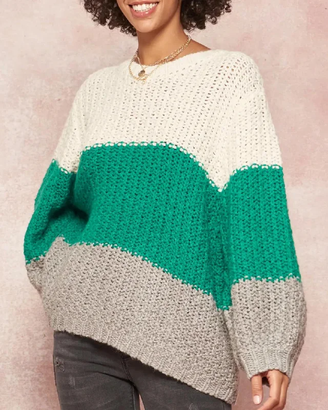 Seasonal Sale Oversized Colorblock Crochet Knit Sweater In Ivory/green/grey