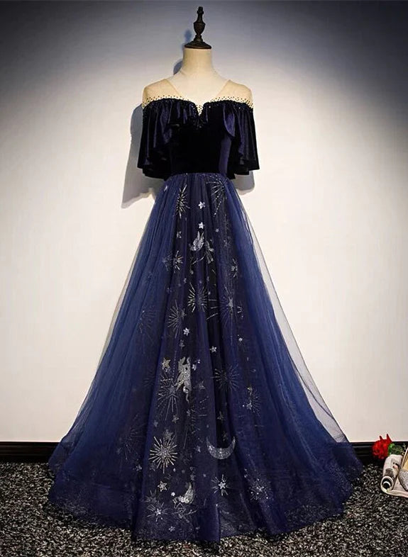 Discounts On Casual Weekend Styles Blue Tulle with Velvet Long Party Dress, A-line Off Shoulder Formal Dress Prom Dress