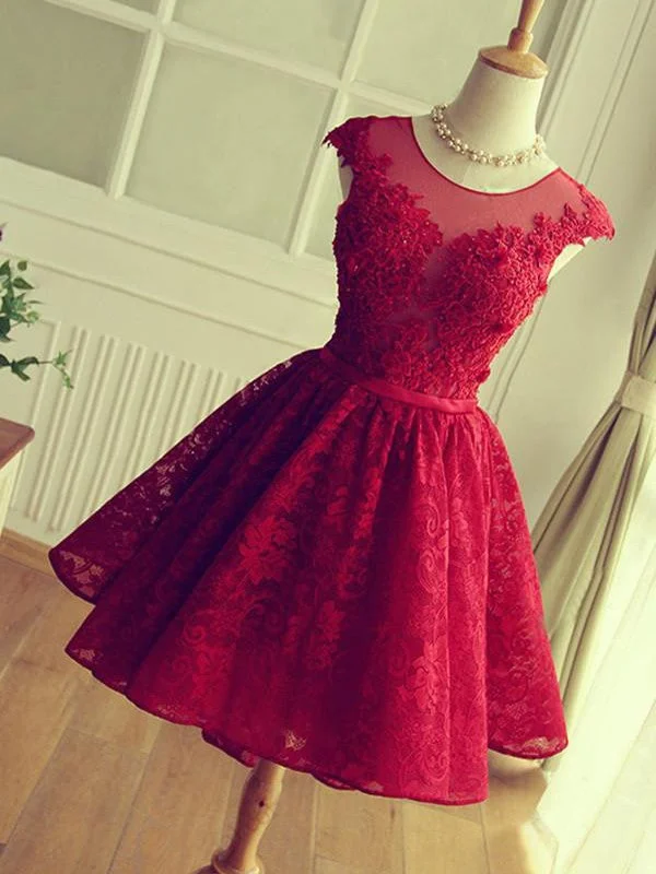 Exquisite Women's Wear Sale A-Line Jewel Cut Short With Applique Lace Red Homecoming Dresses