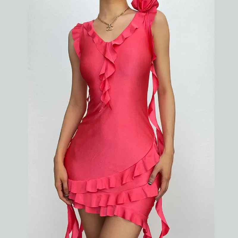 Buy More, Save More BerryBetty - Sleeveless v neck ruffle flower applique ribbon mini dress