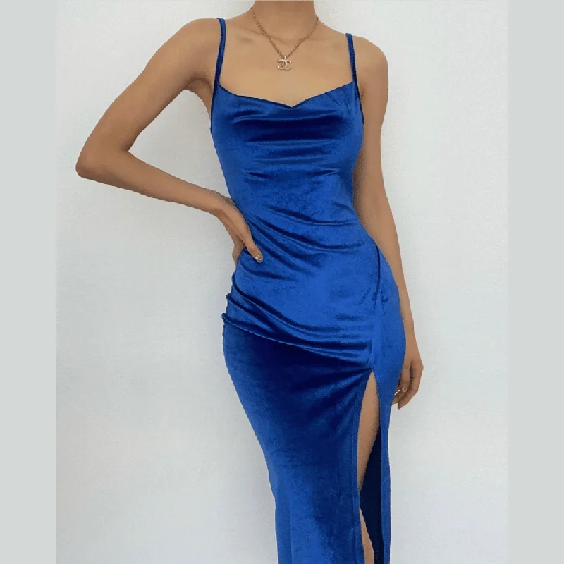 The Epitome Of Modern Women's Fashion BerryBetty - Sleeveless velvet slit cowl neck backless cami midi dress