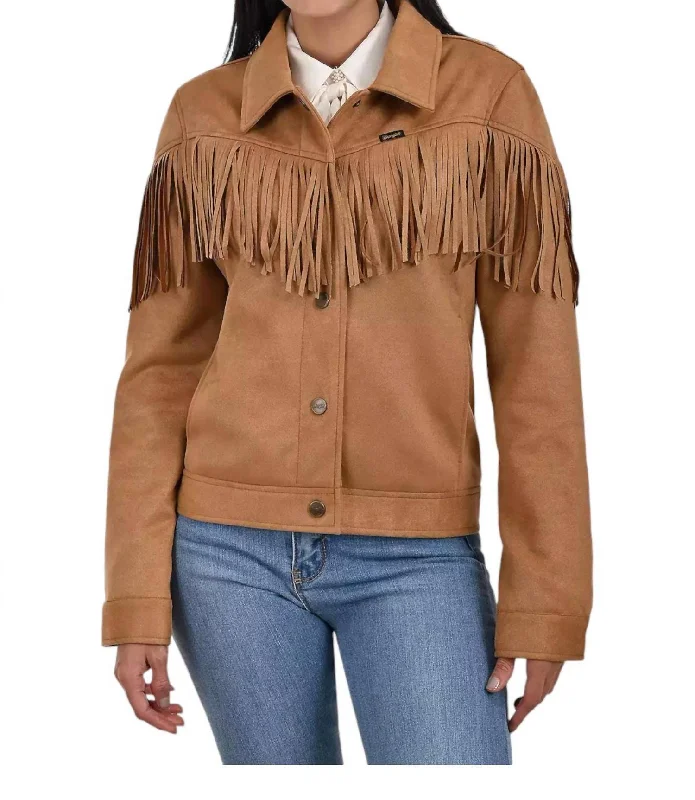 Special Offer For You Faux Suede With Fringe Trucker Jacket In Mid Brown