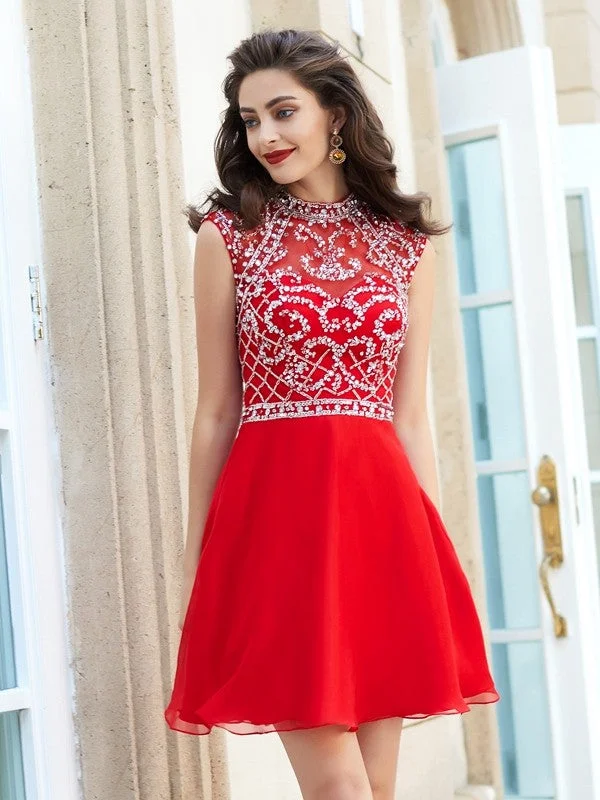 Stylish Savings A-Line/Princess High Neck Sleeveless Beading Short/Mini Chiffon Dresses