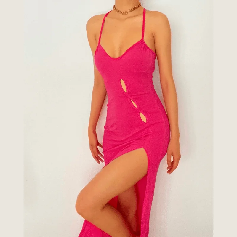 Fashion Forward BerryBetty - Cross open back hollow out slit ribbed maxi dress