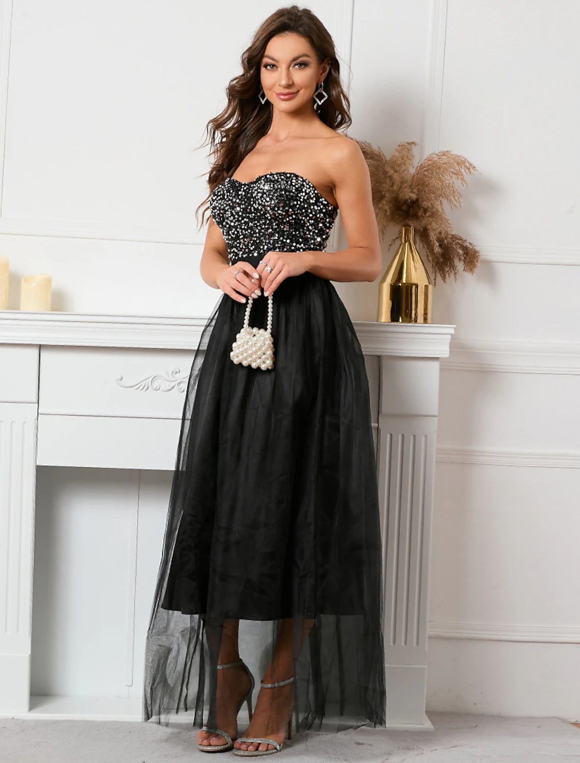 Chic And Trendy A-Line Party Dresses Sparkle & Shine Dress Holiday Floor Length Sleeveless Strapless Sequined with Sequin