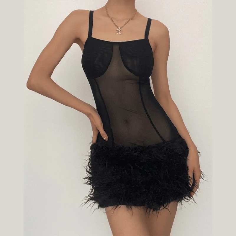 Vintage Style Clothing Sale BerryBetty - Mesh see through feather sleeveless backless mini dress