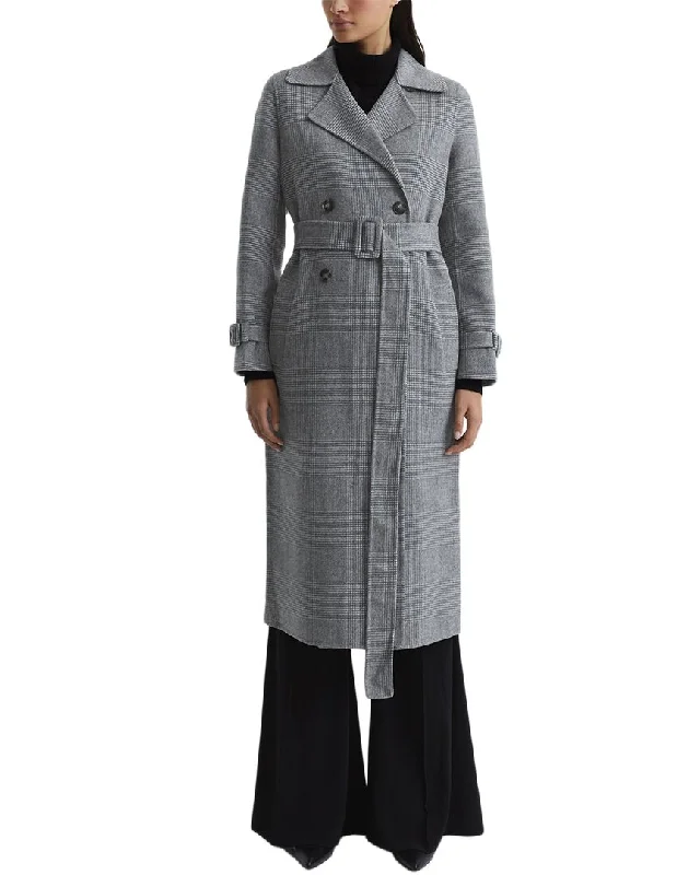 End Of Month Blowout Reiss Alexa Belted Blind Seam Checked Wool-Blend Trench Coat