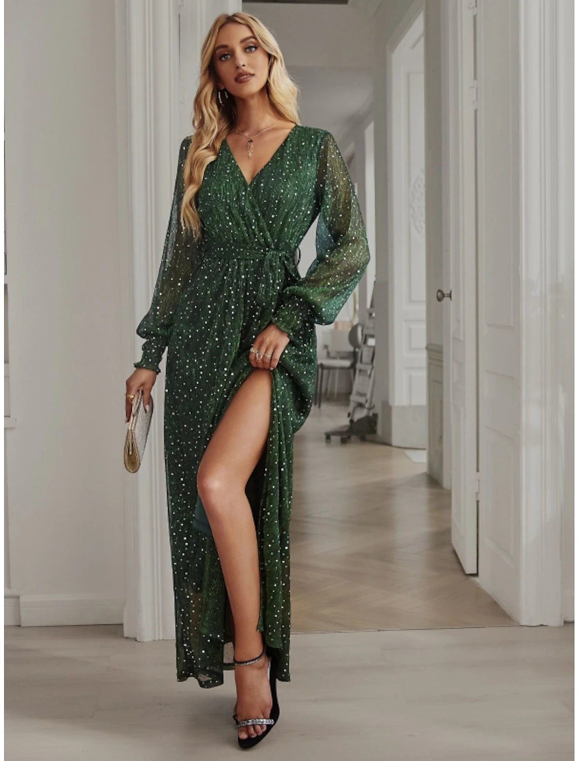 Save On Classic Elegant Styles A-Line Party Dresses Sparkle & Shine Dress Birthday Fall Ankle Length Long Sleeve V Neck Chiffon with Glitter Sequin Slit