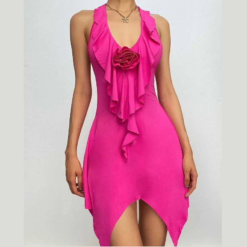 Unbeatable Prices BerryBetty - Halter flower applique backless ruffle u neck solid mini dress