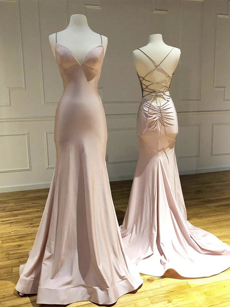 Chic Trends Unveiled Fashion Simple V Neck Satin Long Backless Prom Dress Spaghetti Strap Satin Long Formal Temperament Party dress