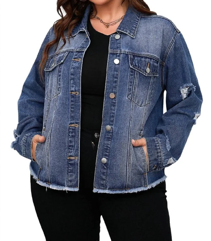 Fashion Forward Plus Size Distressed Flap Pocket Denim Jacket In Dark Blue