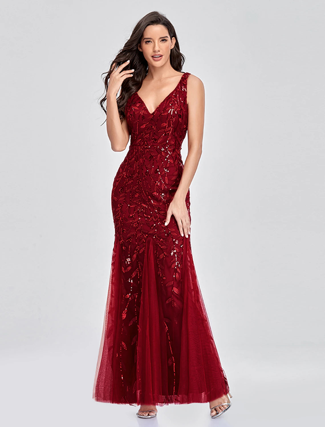 Best Deals Of The Season Mermaid / Trumpet Empire Elegant Party Wear Formal Evening Valentine's Day Dress V Neck V Back Sleeveless Floor Length Tulle with Embroidery