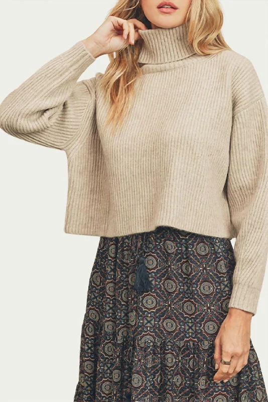 Best Sellers Ribbed-Knit Cropped Turtleneck Sweater In Oatmeal