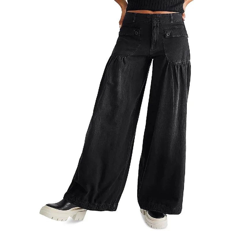 Casual Weekend Relaxed Style Womens Drawstring Hem Cotton Wide Leg Pants