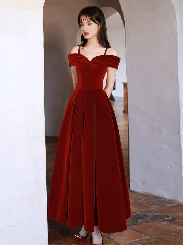 Big Discounts Fashion Simple Off Shoulder A-Line Tea Length Velvet Bow collar Prom Dress Temperament Elegant Party dress