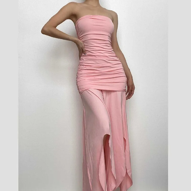 Cool Prices BerryBetty - Ruched solid slit irregular backless tube maxi dress