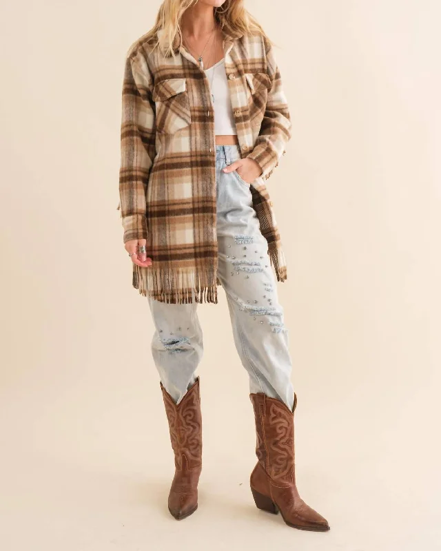 Crazy Discounts, Hurry Up Plaid Fringe Shacket In Brown/ivory