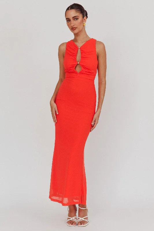 Latest Fashion Piece Of Heaven Sleeveless Keyhole Mesh Maxi Dress Red