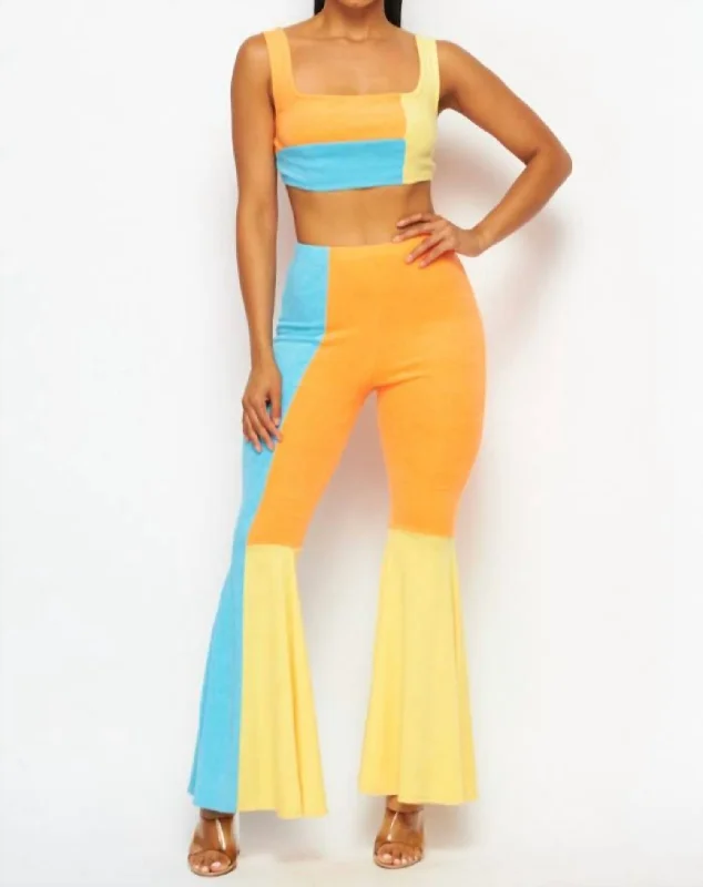 Urban Femme Streetwear Bright Idea Terry Cloth Crop Top And Pant Set In Orange, Blue, Yellow