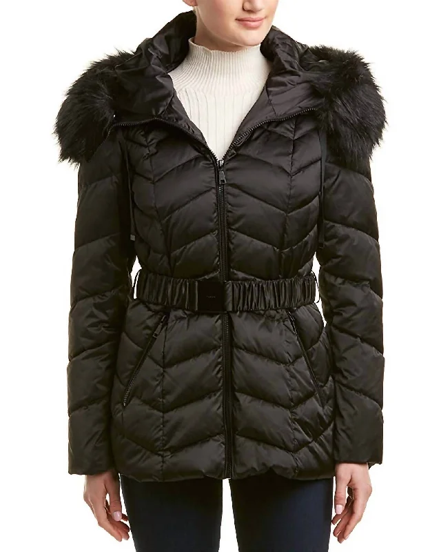 Stay Ahead In Style Leon Faux Fur Trim Hood Belted Coat Short Jacket In Black