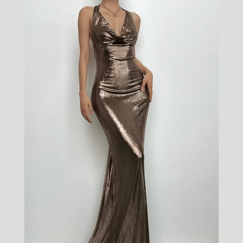 Ride The Style Wave BerryBetty - Metallic cowl neck ruched halter backless maxi dress