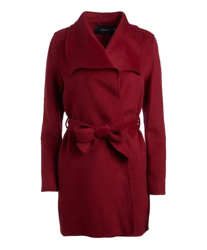 Ride The Style Wave Women Large Collar Belted Wool Blend Coat Jacket In Deep Red