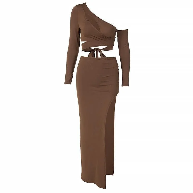 Exquisite Women's Wear Sale BerryBetty - Asymmetrical solid long sleeve self tie skirt set