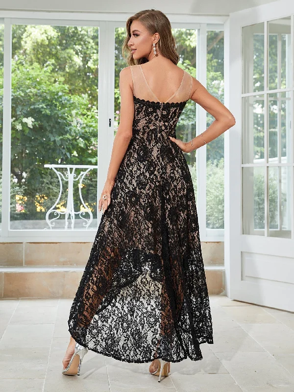 Mid - Week Surprise TastyHottie - Black High-low Lace Top Party Dress