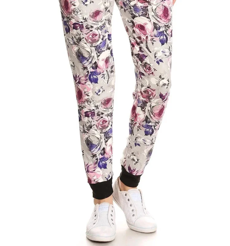 Chic Style Grey Floral Jill Jogger Pants In White