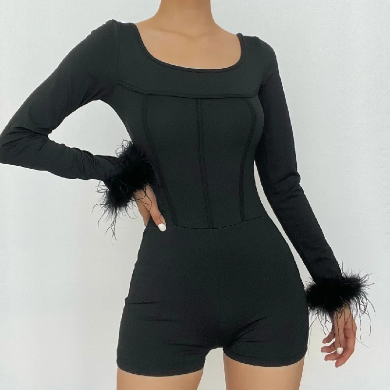 Fashion Sale BerryBetty - Feather corset long sleeve backless solid romper