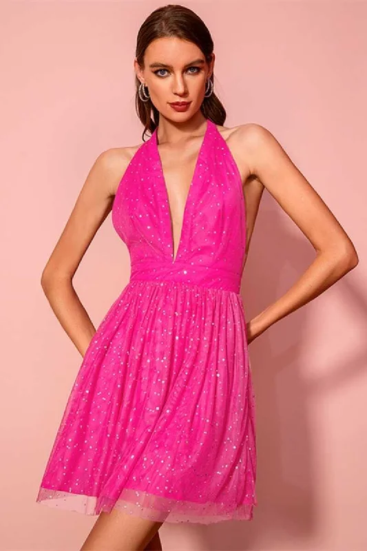 Fashion Sale Neon Pink Sequin Halter Backless Short Party Dress