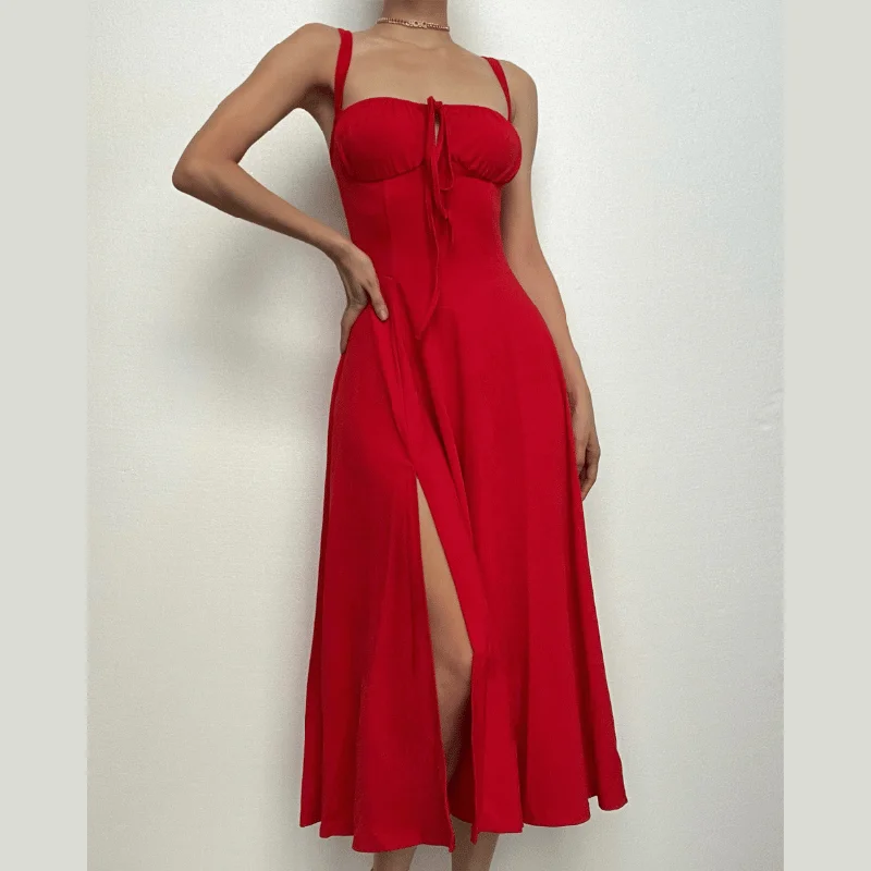 Unleash Your Fashion BerryBetty - Ruched solid sweetheart neck slit sleeveless midi dress