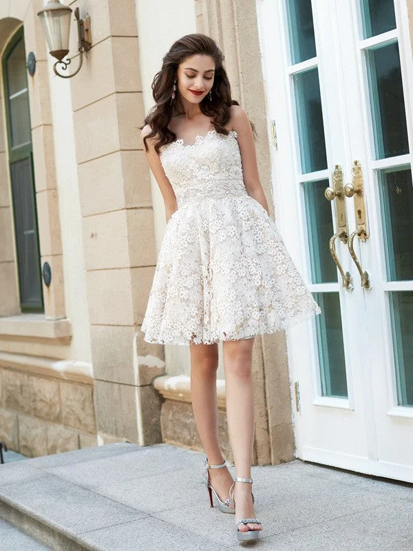 Stylish Savings A-Line/Princess Sweetheart Sleeveless Rhinestone Short/Mini Lace Dresses