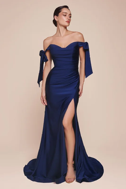 Exclusive Designer Collection Cinderella Divine CD943 Off Shoulder Formal Prom Long Dress Navy