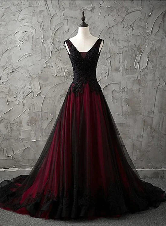 Flash Deals Charming Sleeveless Black and Red Lace Appliques Beaded Party Dress, Low Back Prom Dress