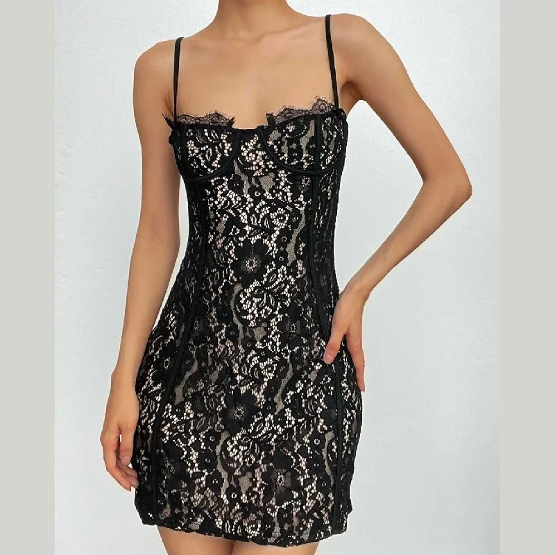 Elegant Contour BerryBetty - Lace contrast zip-up backless cami mini dress