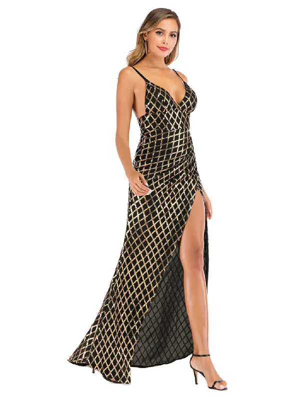 Lightweight Fabric TastyHottie - SLING V-NECK BLACK AND GOLD PLAID SEQUINED LONG DRESS