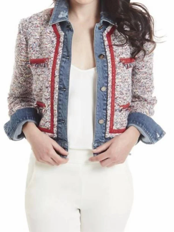 New Season Fashion Preview Denim And Tweed Jacket In Blue And White