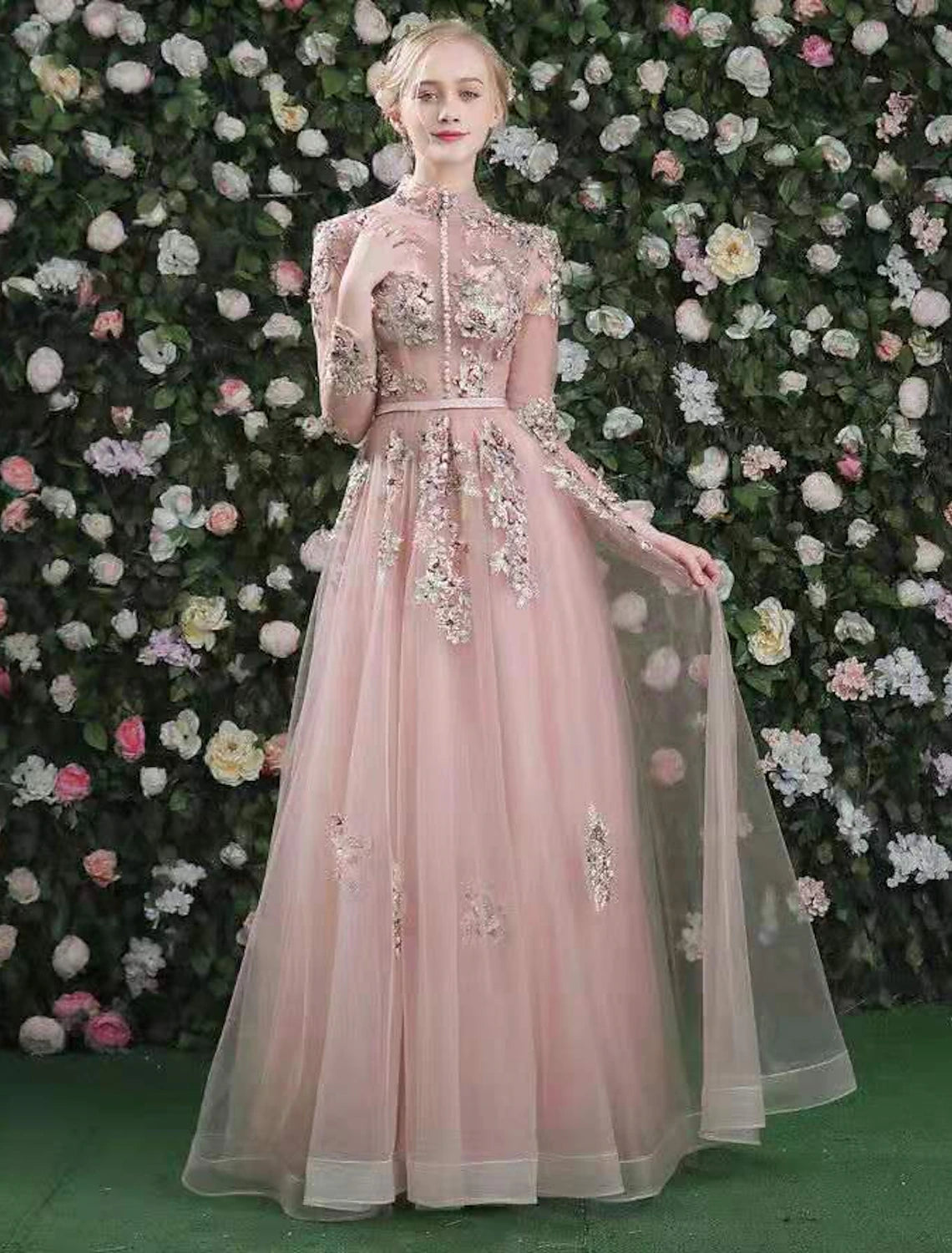 Dreamy Draping A-Line Cut Out Floral Prom Formal Evening Dress High Neck Long Sleeve Floor Length Organza with Embroidery