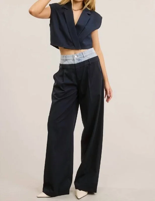 Budget Friendly Fashion Wide Leg Trouser With Denim Waistband In Navy