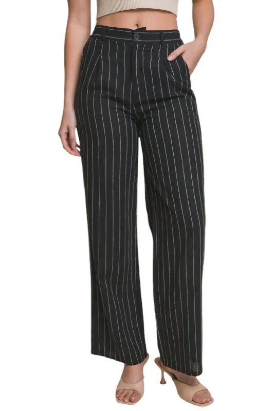 Trendsetter's Closet Cotton Linen Straight Pants In Black/white Stripe