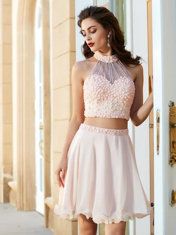 Budget Friendly Fashion A-Line/Princess Halter Beading Sleeveless Chiffon Short/Mini Two Piece Dresses