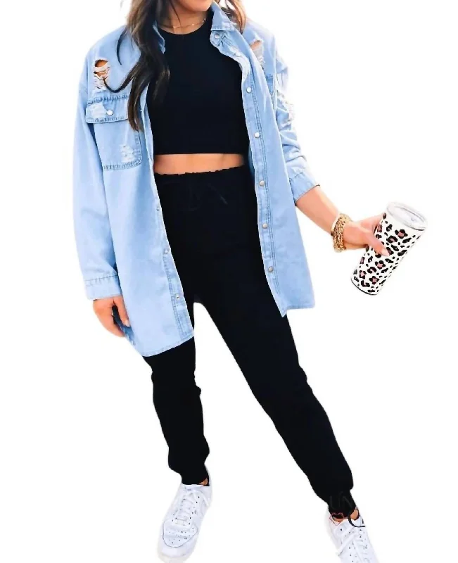 Trendy Street Style Attire Boss Up Denim Shacket In Light Blue