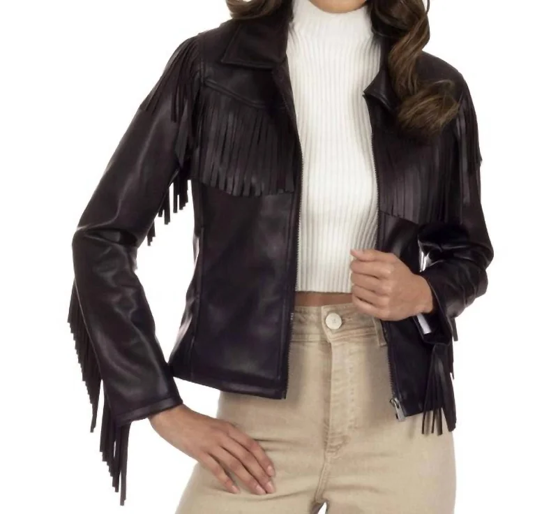 Trendy Aesthetics Fringed Faux-Leather Jacket In Brown