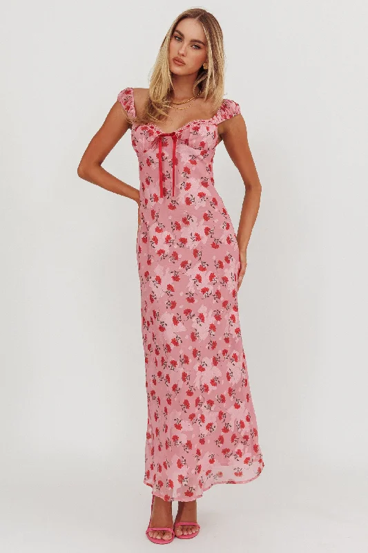 Seasonal Sale Femme Belle Ribbon Trim Maxi Dress Floral Pink